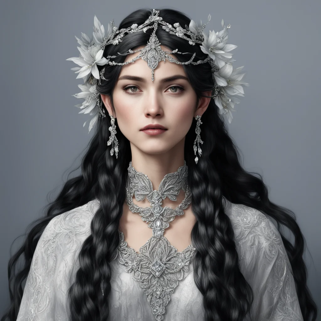 tolkien queen melian with dark hair and braids wearing silver flowers encrusted with diamonds to form a silver elvish circlet with center diamond
