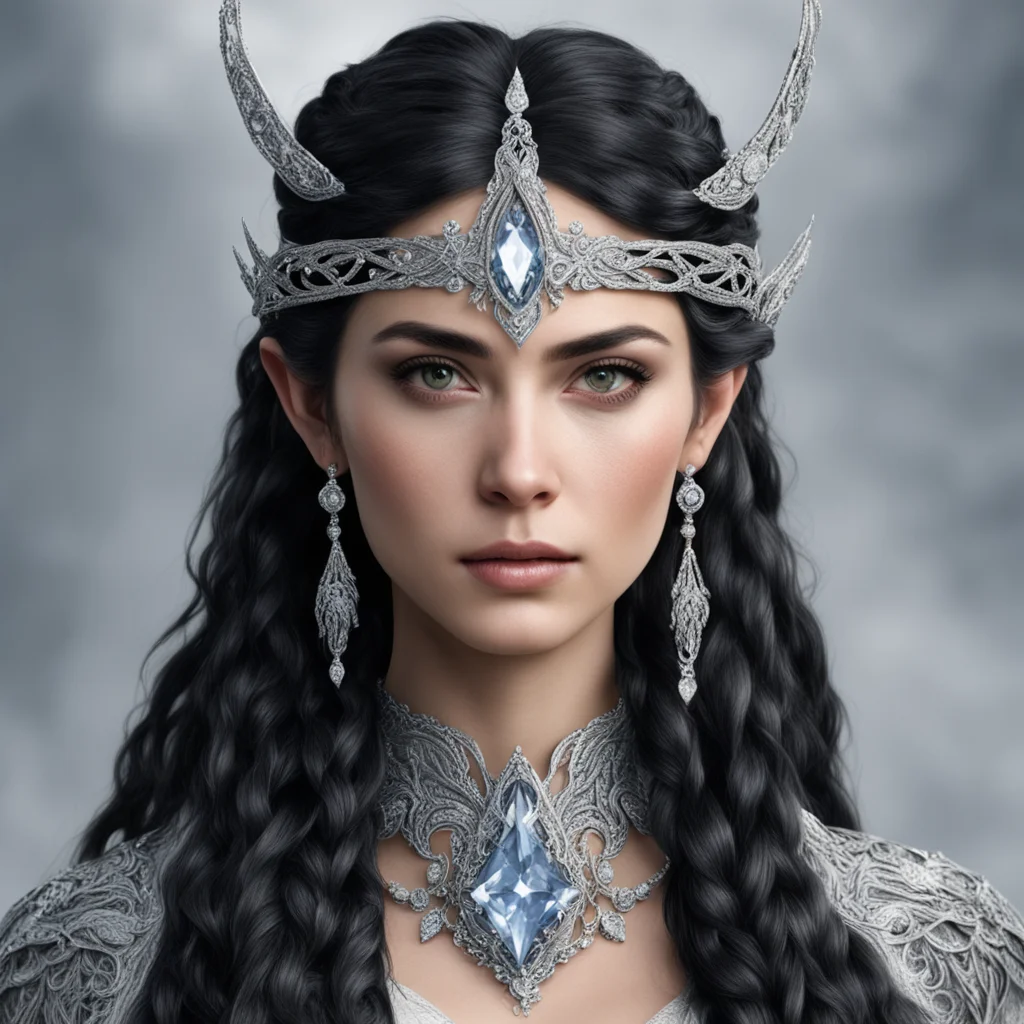 aitolkien queen melina the maia with dark hair and braids wearing silver elvish circlet encrusted with diamonds with large center diamond amazing awesome portrait 2