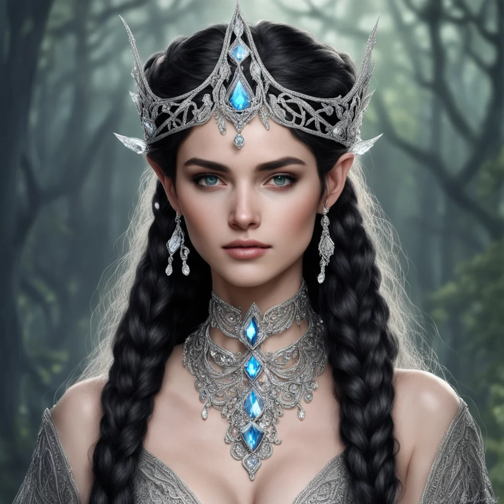 tolkien queen melina the maia with dark hair and braids wearing silver elvish circlet encrusted with diamonds with large center diamond confident engaging wow artstation art 3