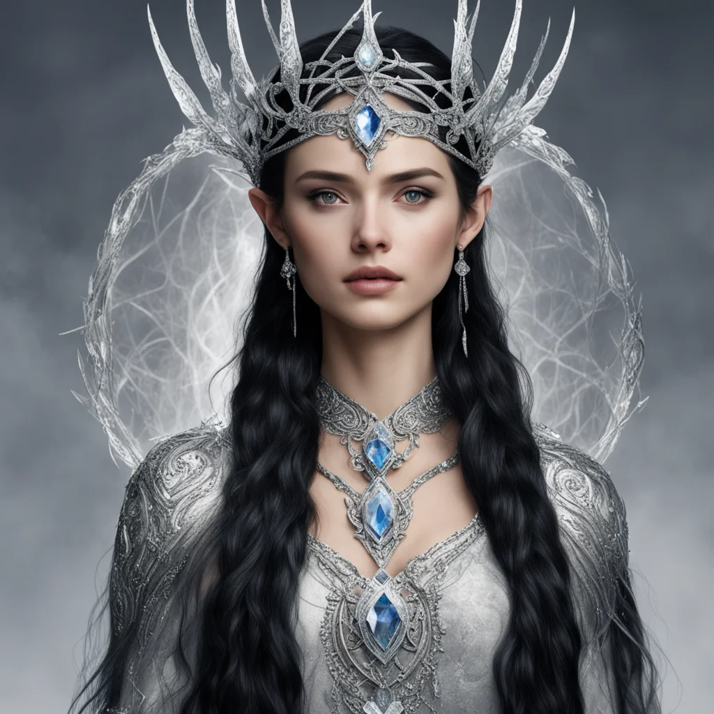 aitolkien queen melina the maia with dark hair and braids wearing silver elvish circlet encrusted with diamonds with large center diamond good looking trending fantastic 1