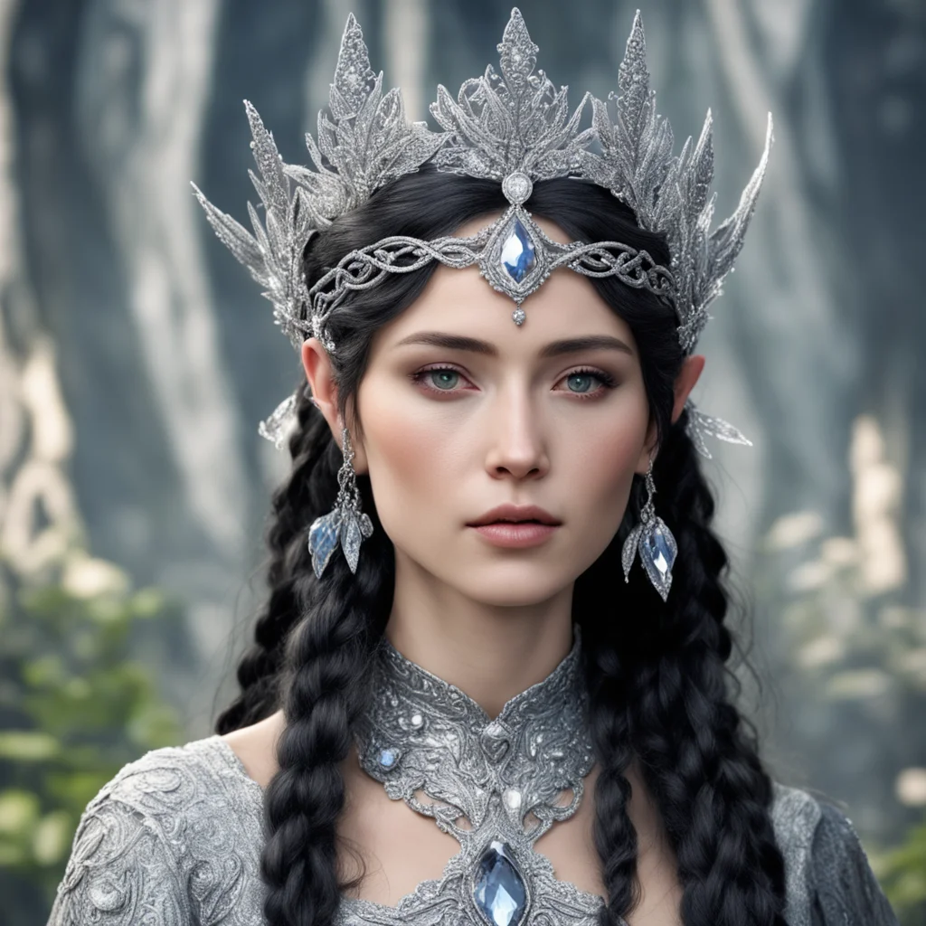 aitolkien queen melina the maia with dark hair and braids wearing silver elvish circlet encrusted with diamonds with large center diamond