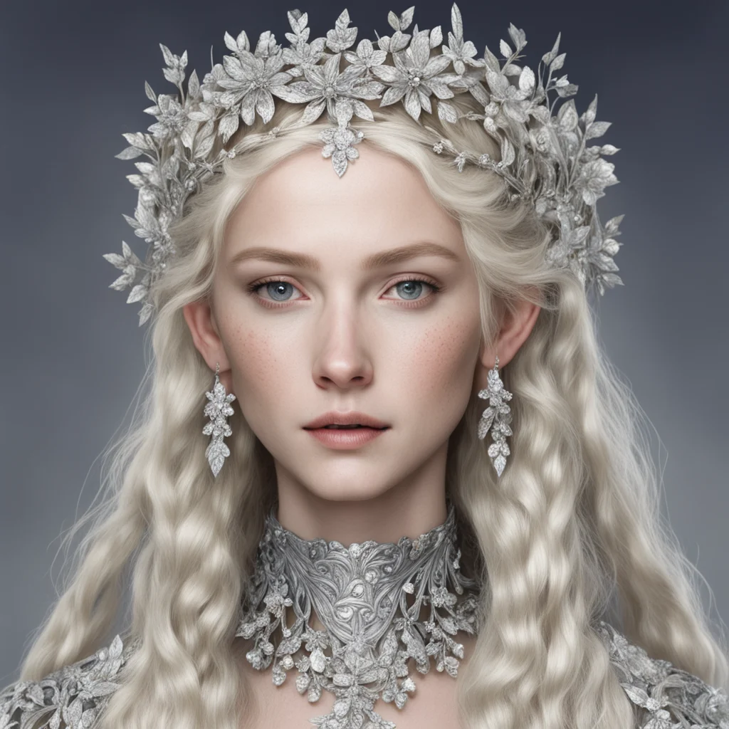tolkien queen nimrodel with blond hair and braids wearing silver flowers and silver leaves encrusted with diamonds to form a silver elvish circlet with large center diamond 