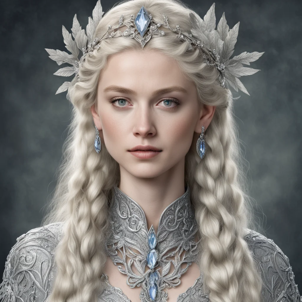 tolkien queen nimrodel with blond hair and braids wearing silver vines with silver leaves encrusted with diamonds to from a silver elvish circlet with large center diamond  confident engaging wow ar
