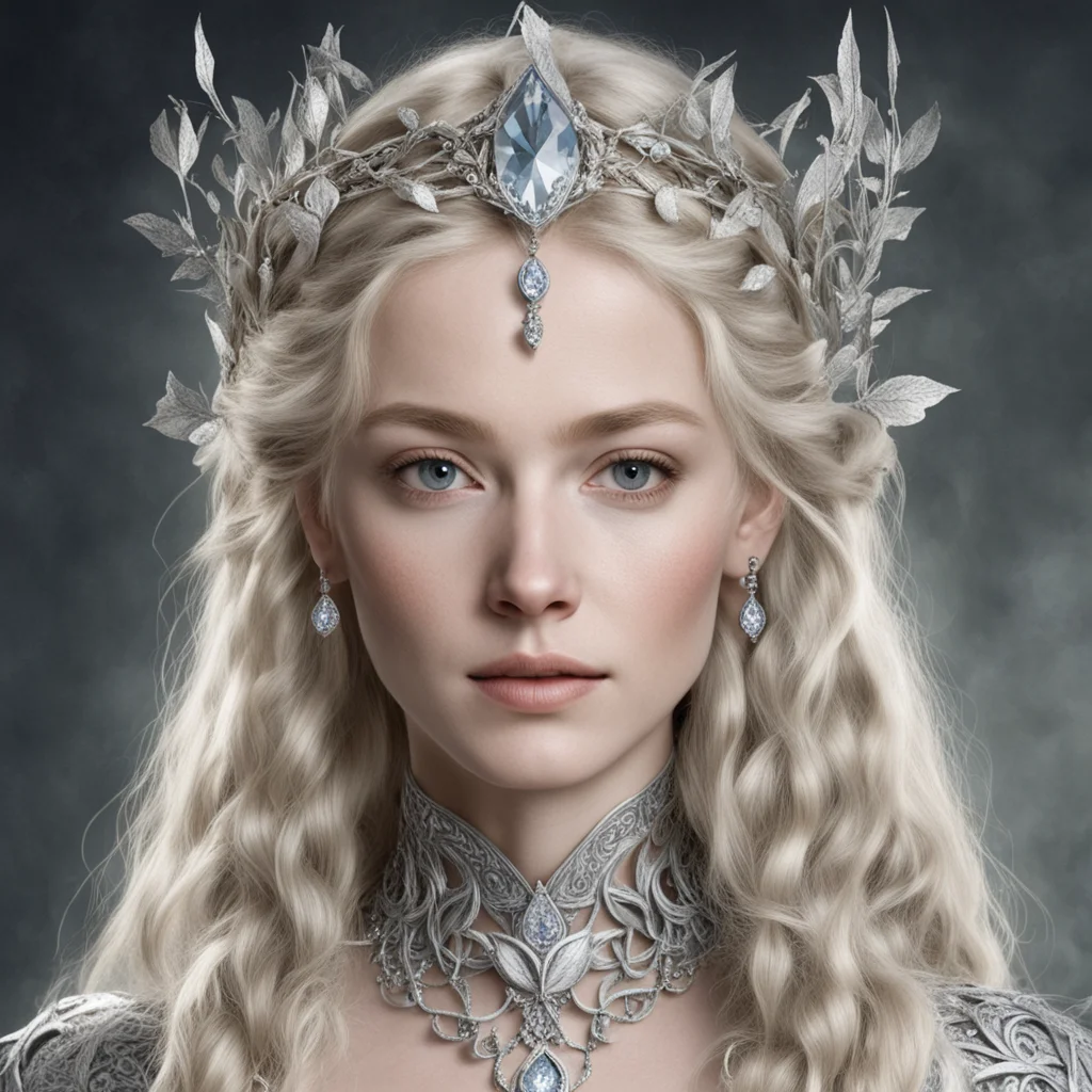 tolkien queen nimrodel with blond hair and braids wearing silver vines with silver leaves encrusted with diamonds to from a silver elvish circlet with large center diamond 