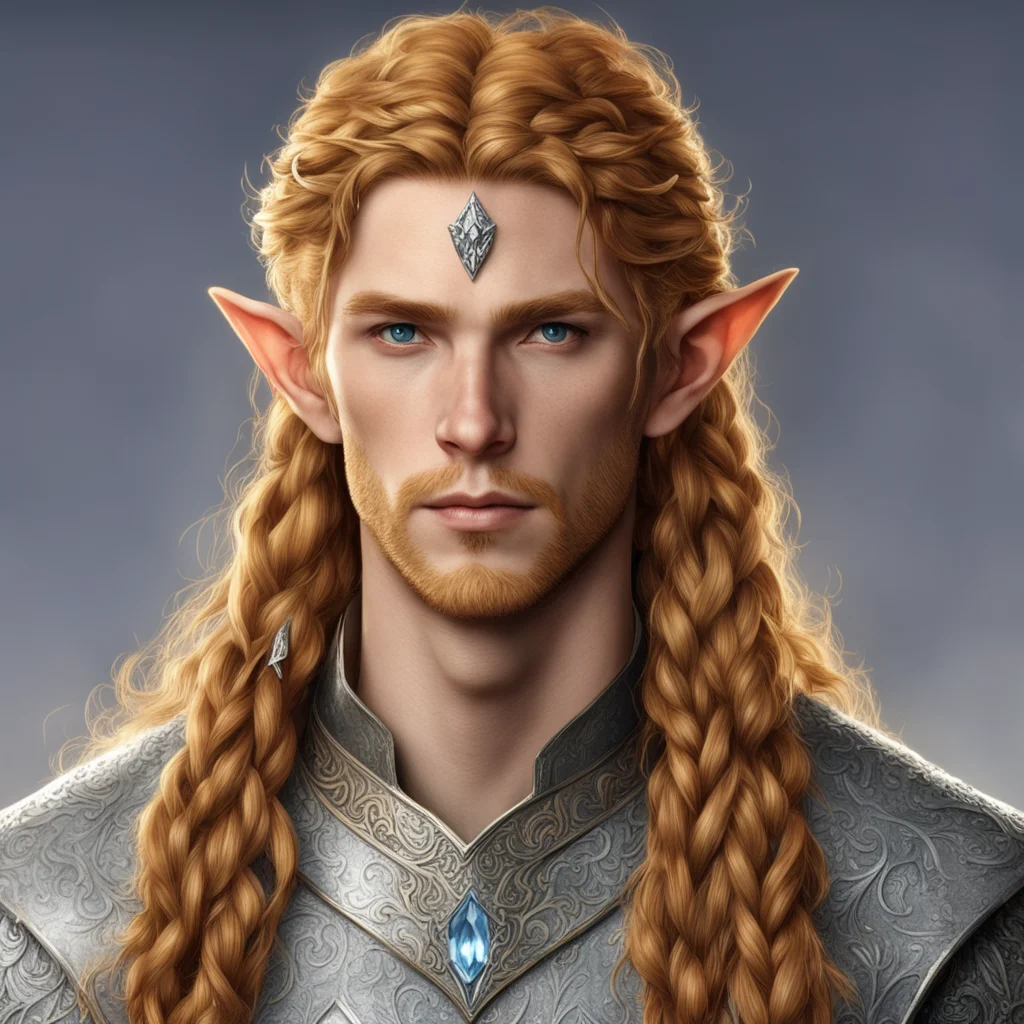 tolkien sindarin male elf with reddish blond hair and braids wearing a silver elvish circlet with diamonds with large center diamond confident engaging wow artstation art 3