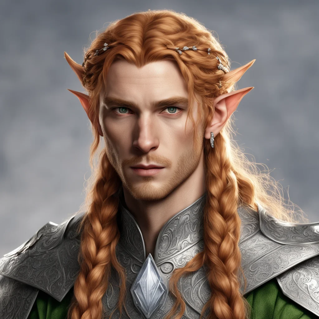 aitolkien sindarin male elf with reddish blond hair and braids wearing a silver elvish circlet with diamonds with large center diamond good looking trending fantastic 1