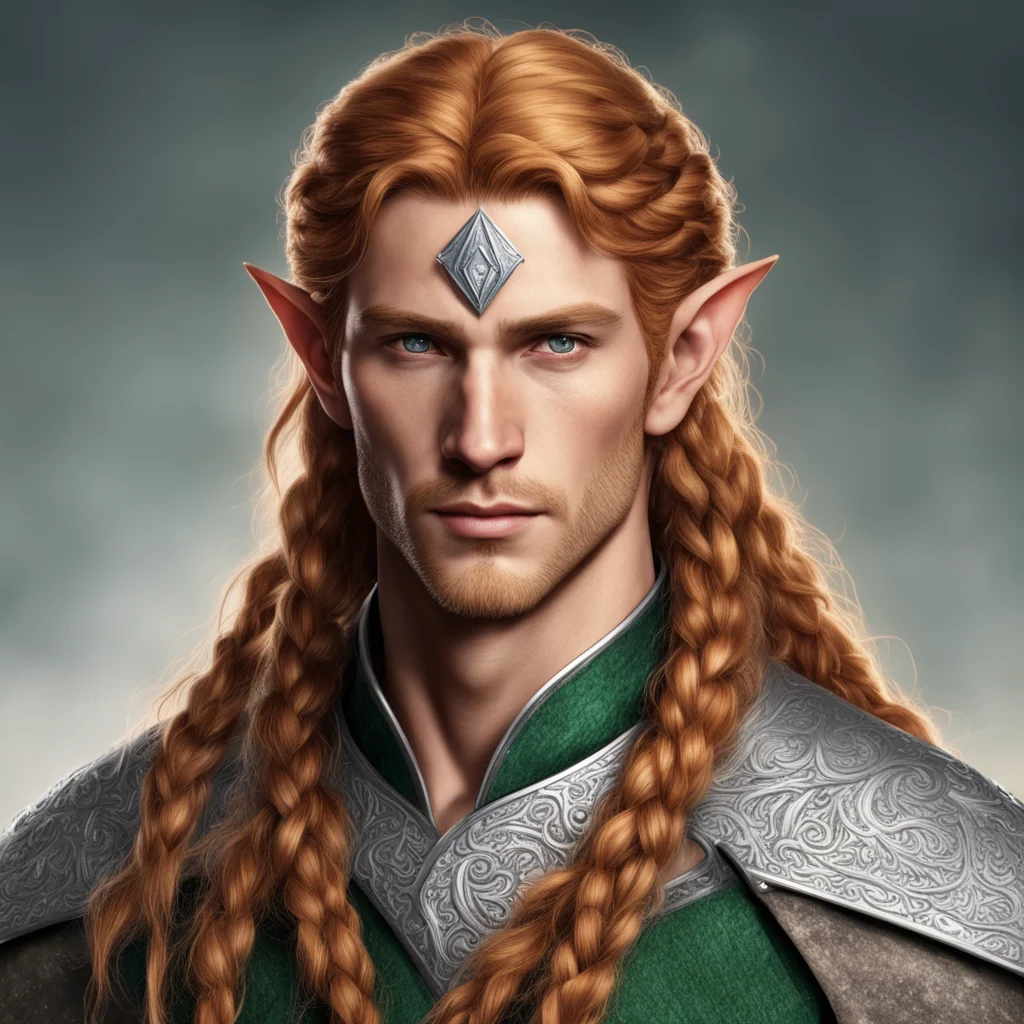 tolkien sindarin male elf with reddish blond hair and braids wearing a silver elvish circlet with diamonds with large center diamond
