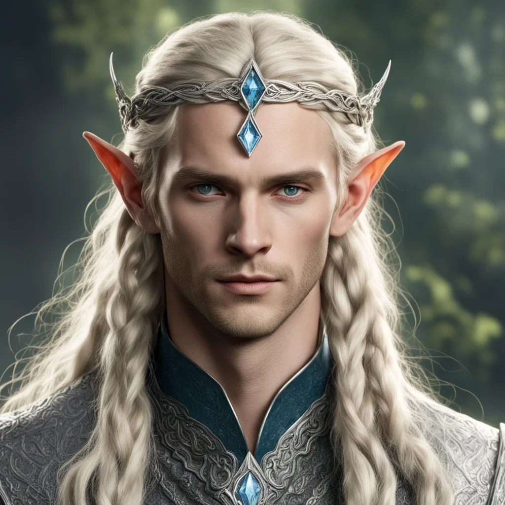 aitolkien sindarin noble male elf with blond hair and braids wearing silver serpentine sindarin elvish circlet with diamonds with center diamond  confident engaging wow artstation art 3