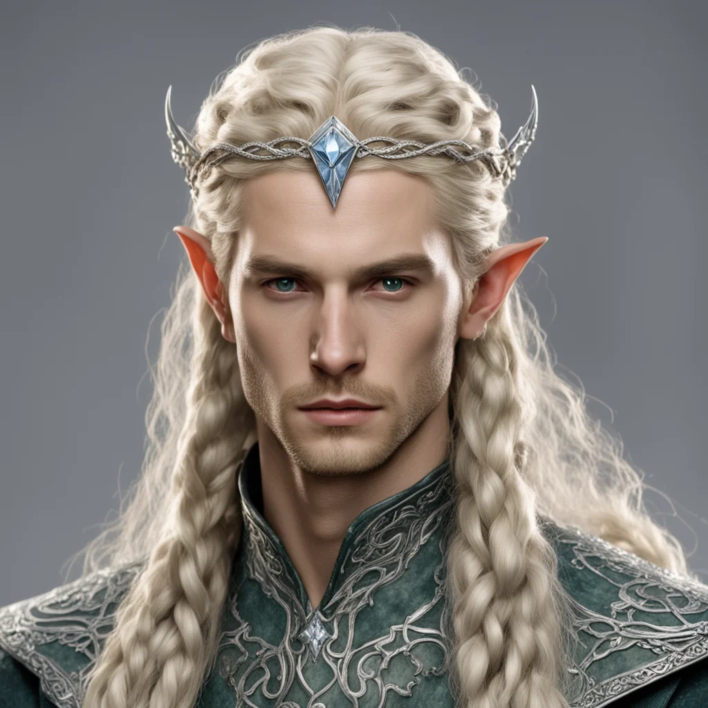aitolkien sindarin noble male elf with blond hair and braids wearing silver serpentine sindarin elvish circlet with diamonds with center diamond  good looking trending fantastic 1