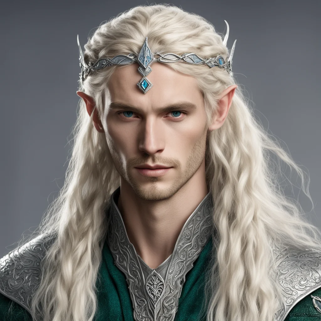 tolkien sindarin noble male elf with blond hair and braids wearing silver serpentine sindarin elvish circlet with diamonds with center diamond 