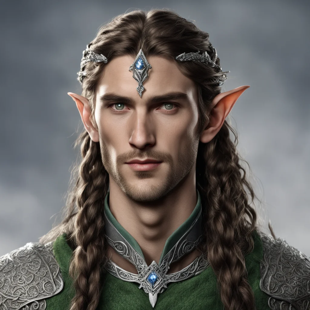 aitolkien sindarin noble male elf with brown hair and braids wearing silver serpentine sindarin elvish circlet with diamonds with center diamond  confident engaging wow artstation art 3