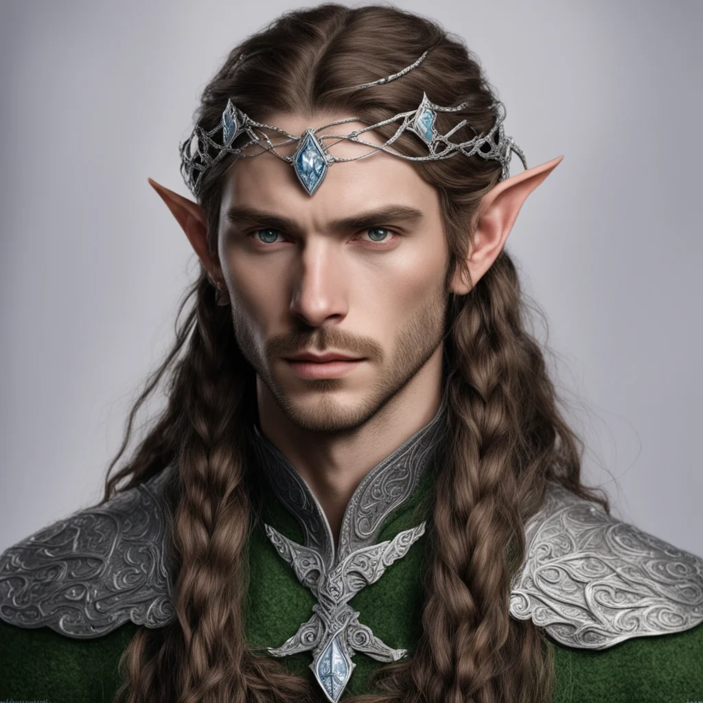 aitolkien sindarin noble male elf with brown hair and braids wearing silver serpentine sindarin elvish circlet with diamonds with center diamond  good looking trending fantastic 1