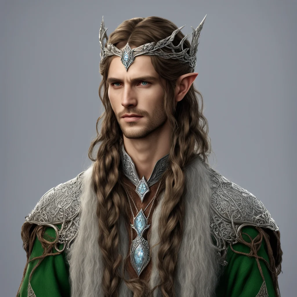 aitolkien sindarin noble male elf with brown hair and braids wearing silver serpentine sindarin elvish circlet with diamonds with center diamond 