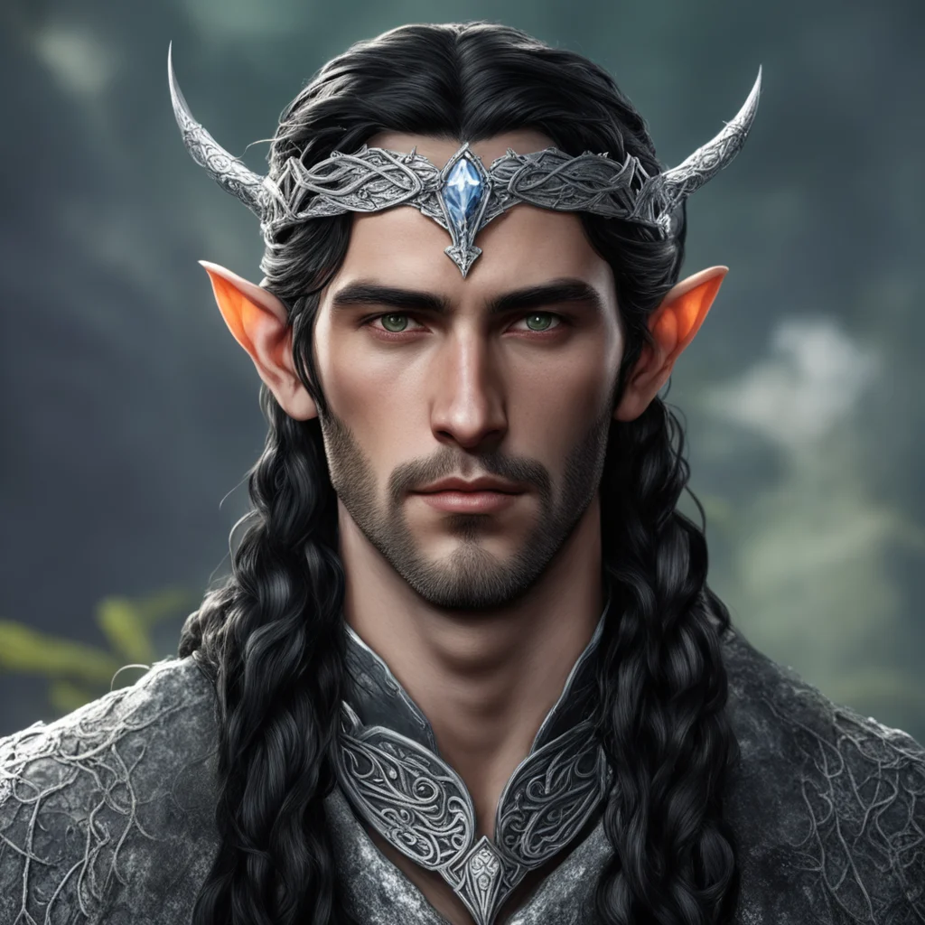 tolkien sindarin noble male elf with dark hair and braids wearing silver serpentine sindarin elvish circlet with diamonds with center diamond  amazing awesome portrait 2