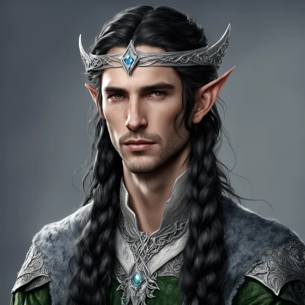 tolkien sindarin noble male elf with dark hair and braids wearing silver serpentine sindarin elvish circlet with diamonds with center diamond 