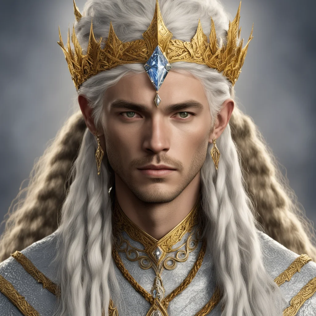 aitolkien vanyarin king ingwe with golden hair and braids with light skin and golden eyes wearing gold and silver elvish circlet with diamonds with large center diamond amazing awesome portrait 2