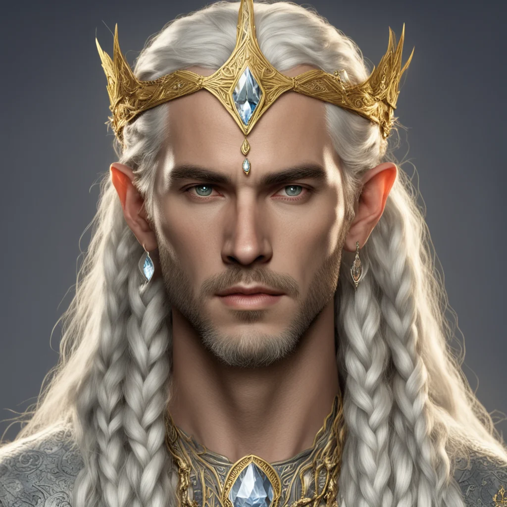 aitolkien vanyarin king ingwe with golden hair and braids with light skin and golden eyes wearing gold and silver elvish circlet with diamonds with large center diamond