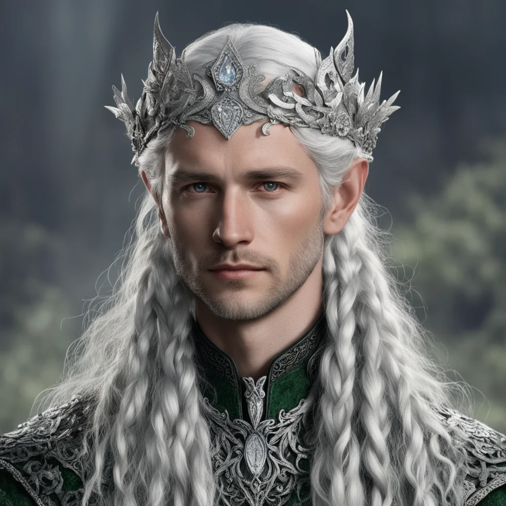 aitolkien young king olwe with silver hair with braids wearing silver flower elvish circlet encrusted with diamonds amazing awesome portrait 2