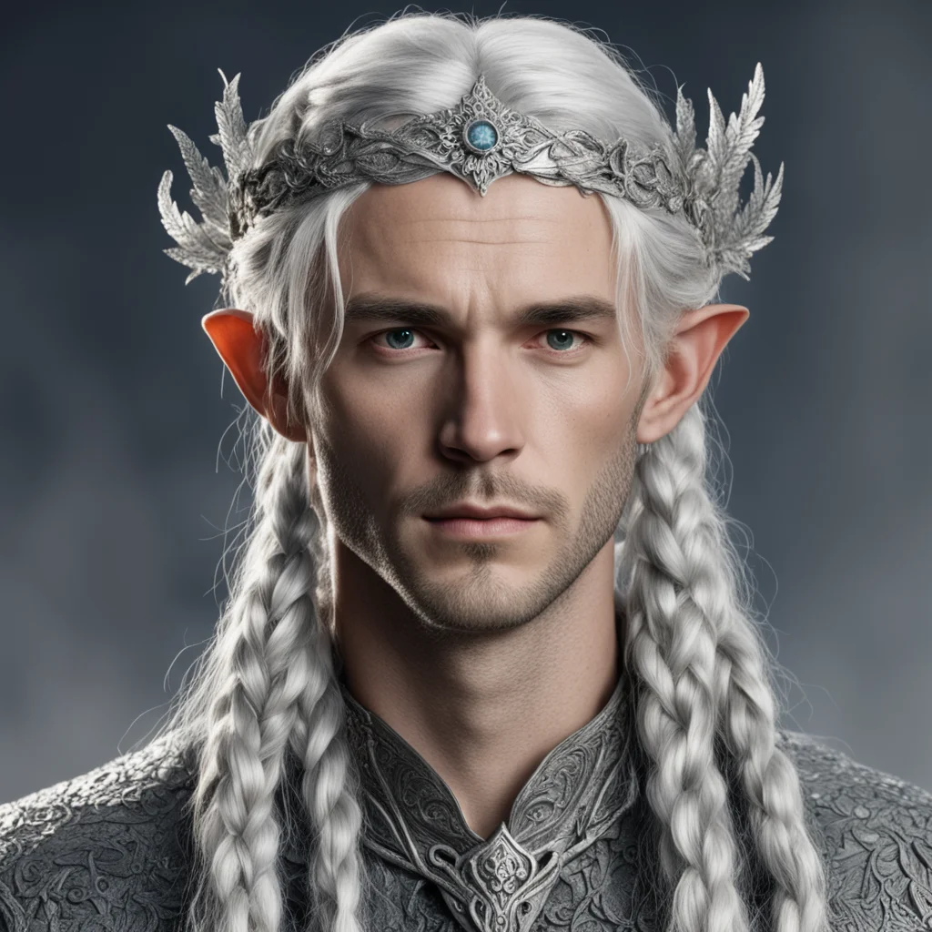 aitolkien young king olwe with silver hair with braids wearing silver flower elvish circlet encrusted with diamonds confident engaging wow artstation art 3