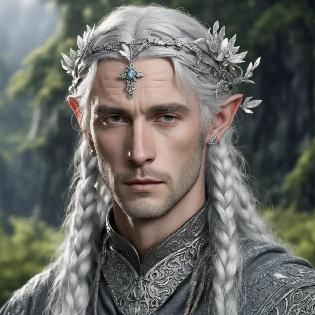 aitolkien young king olwe with silver hair with braids wearing silver flower elvish circlet encrusted with diamonds good looking trending fantastic 1