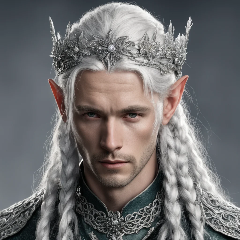 aitolkien young king olwe with silver hair with braids wearing silver flower elvish circlet encrusted with diamonds