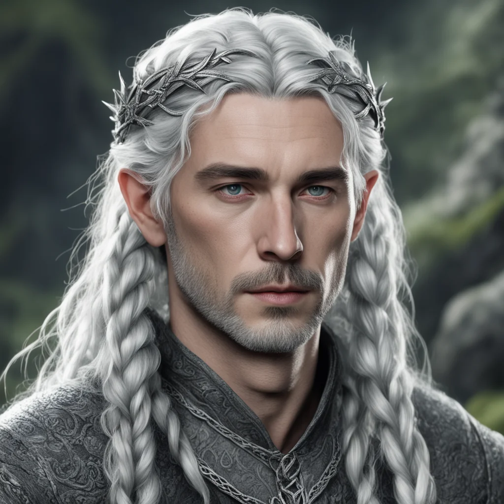 aitolkien young king olwe with silver hair with braids wearing silver sindarin elvish circlet with diamonds confident engaging wow artstation art 3