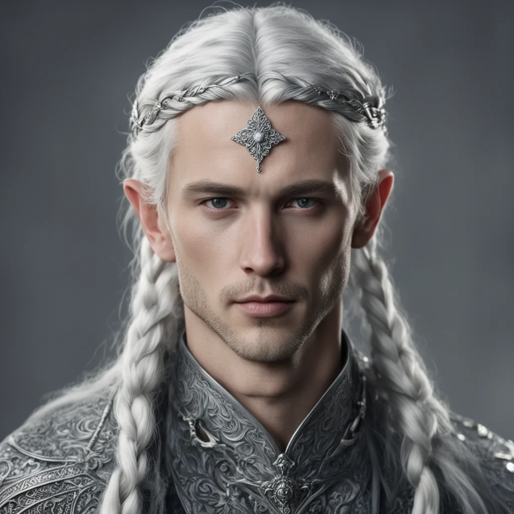 aitolkien young king olwe with silver hair with braids wearing silver sindarin elvish circlet with diamonds good looking trending fantastic 1