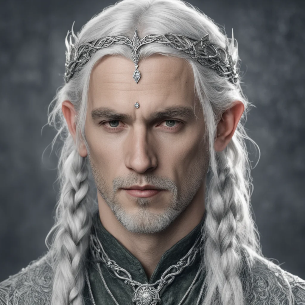 aitolkien young king olwe with silver hair with braids wearing silver sindarin elvish circlet with diamonds