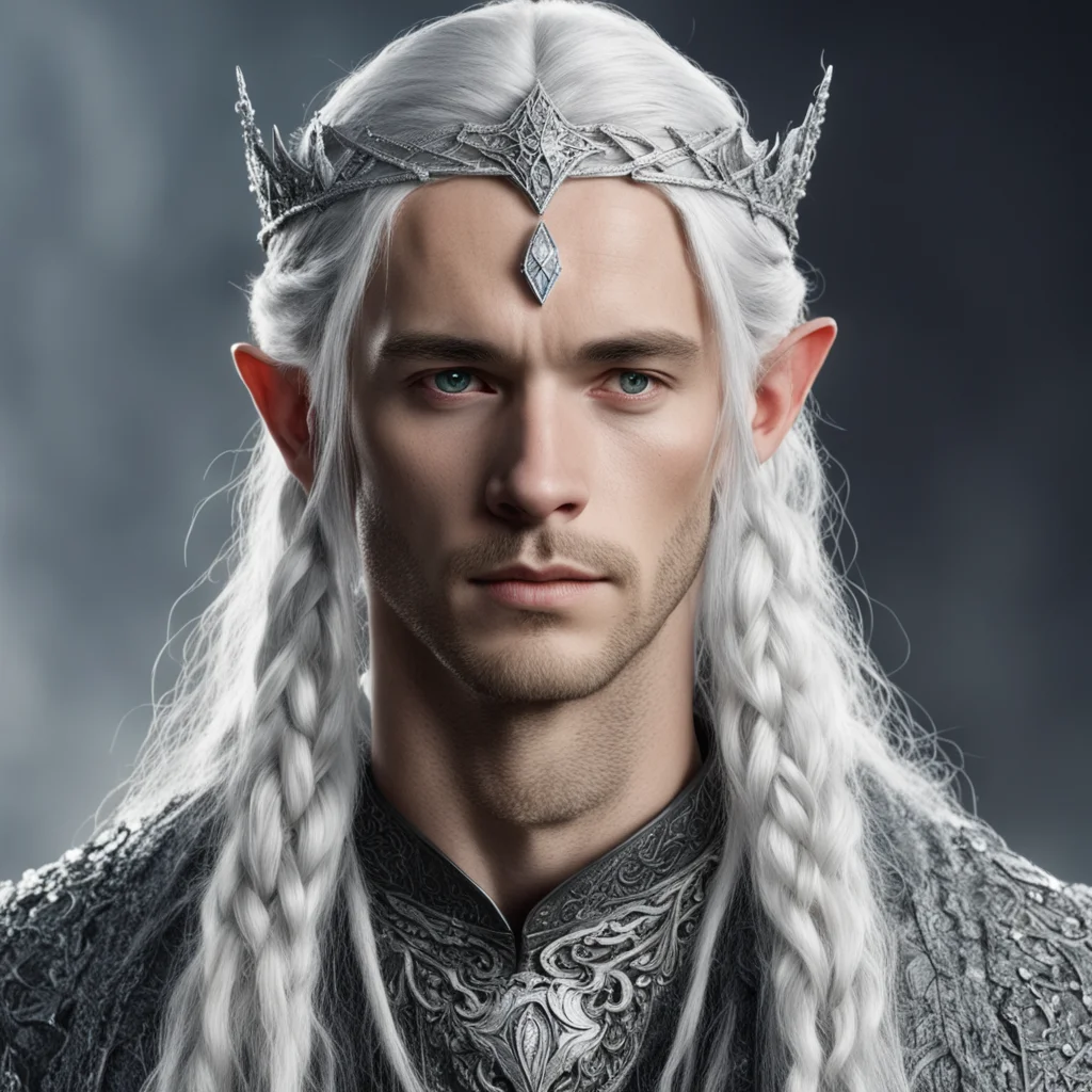 aitolkien young king olwe with white hair and braids wearing silver elvish circlet encrusted with diamonds with large center diamond amazing awesome portrait 2