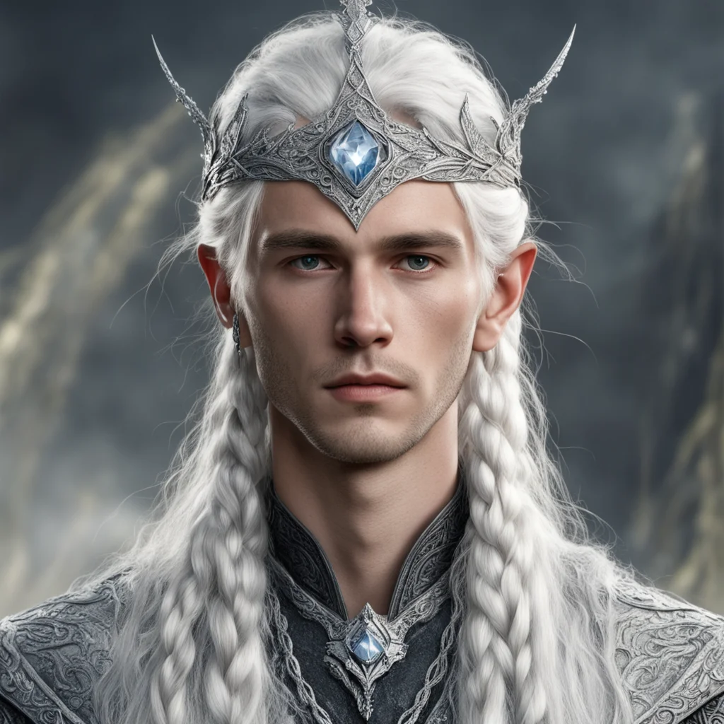 aitolkien young king olwe with white hair and braids wearing silver elvish circlet encrusted with diamonds with large center diamond good looking trending fantastic 1