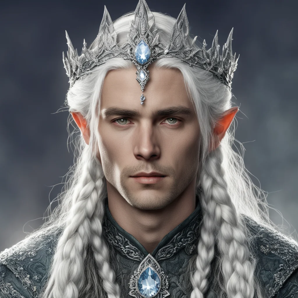 aitolkien young king olwe with white hair and braids wearing silver elvish circlet encrusted with diamonds with large center diamond