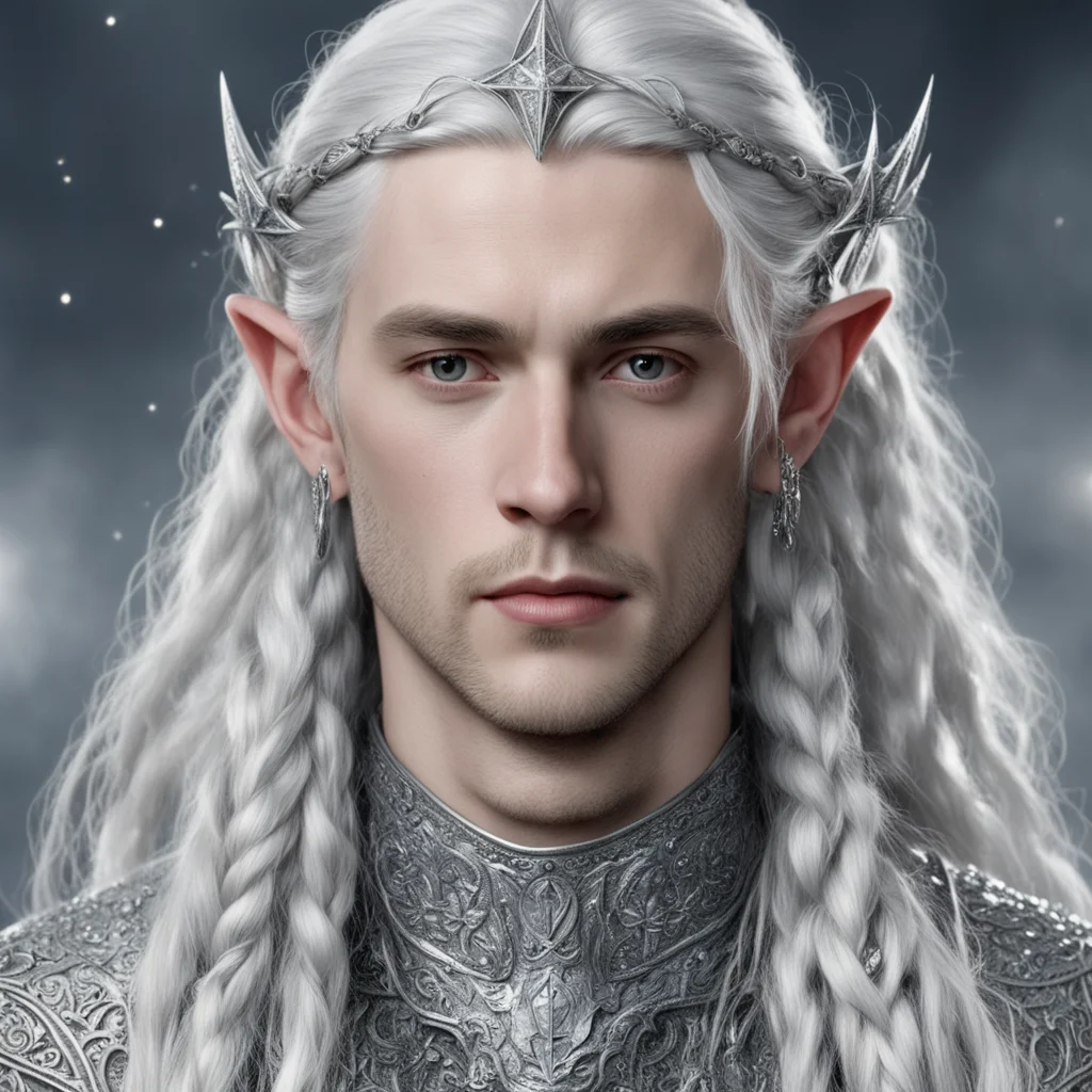 aitolkien young lord celeborn with silver hair and braids wearing large silver stars encrusted and studded with diamonds to form silver elvish circlet with large center diamond 