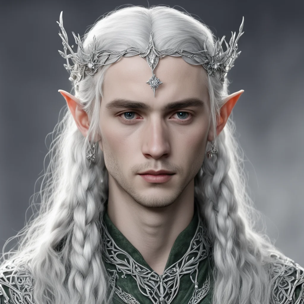 tolkien young lord celeborn with silver hair and braids wearing silver twig and diamond flower silver elvish circlet with large center diamond  amazing awesome portrait 2