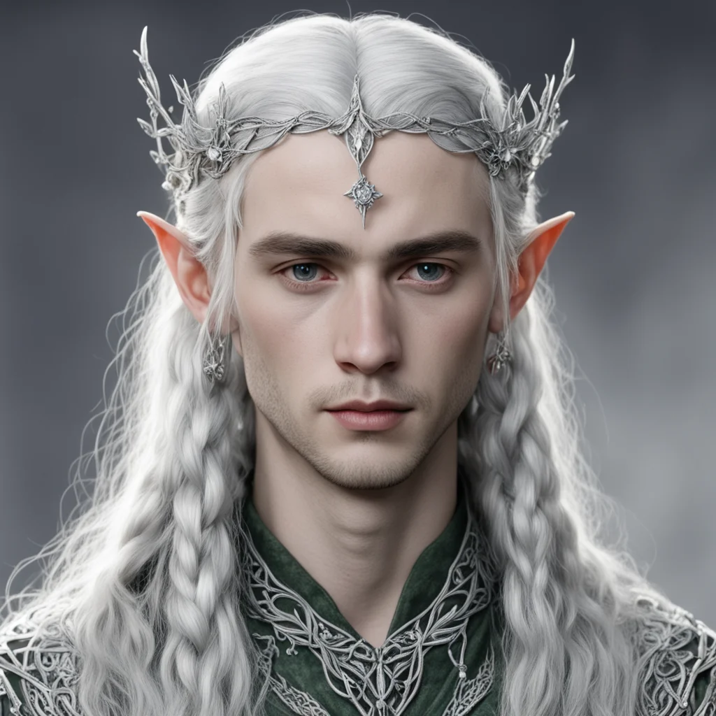 aitolkien young lord celeborn with silver hair and braids wearing silver twig and diamond flower silver elvish circlet with large center diamond  amazing awesome portrait 2