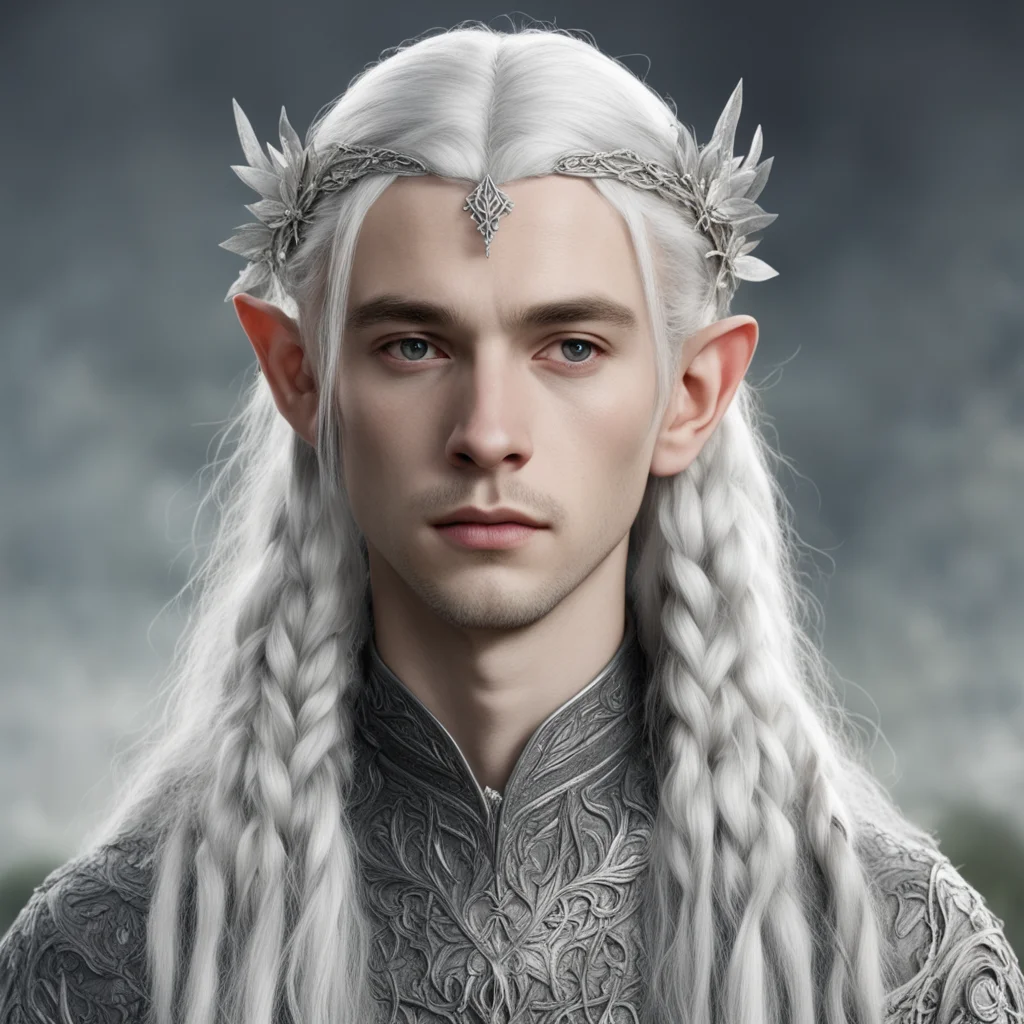 aitolkien young lord celeborn with silver hair and braids wearing silver twig and diamond flower silver elvish circlet with large center diamond  confident engaging wow artstation art 3