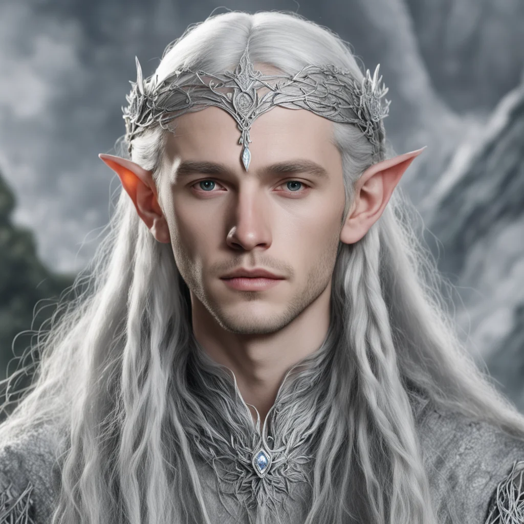 aitolkien young lord celeborn with silver hair and braids wearing silver twig and diamond flower silver elvish circlet with large center diamond 