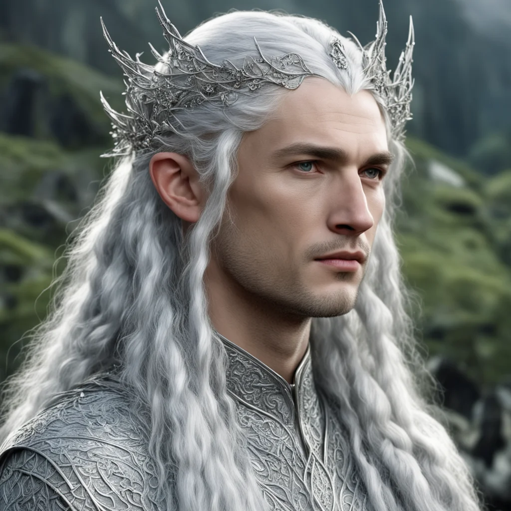 tolkienyoung  king thingol with silver hair and braids wearing small silver leaves encrusted with diamonds intertwined to form a silver serpentine sindarin elvish circlet with large center diamond g