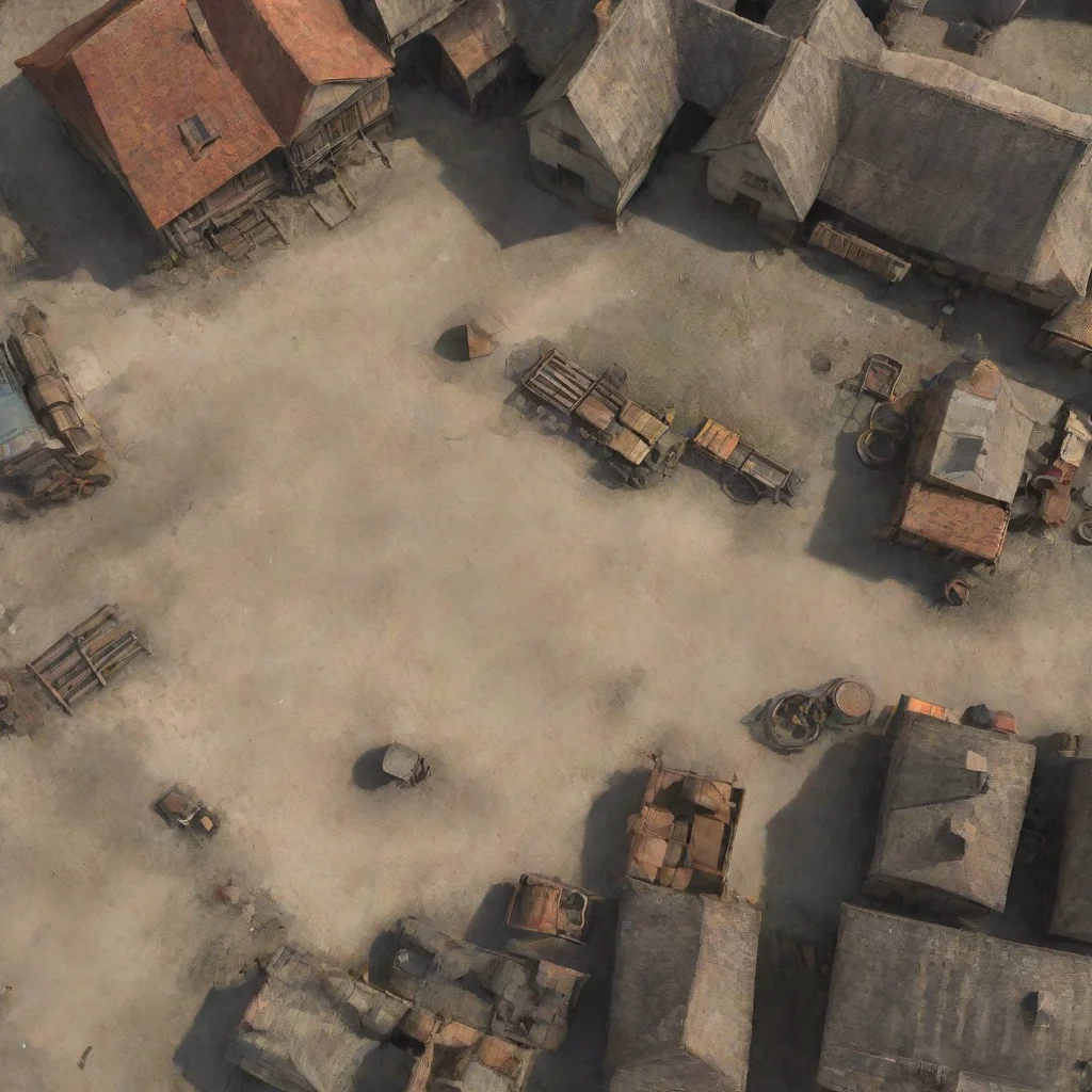 aitop down map of a street at noon%2C with some wagons%2C carts%2C crates%2C manholes and house