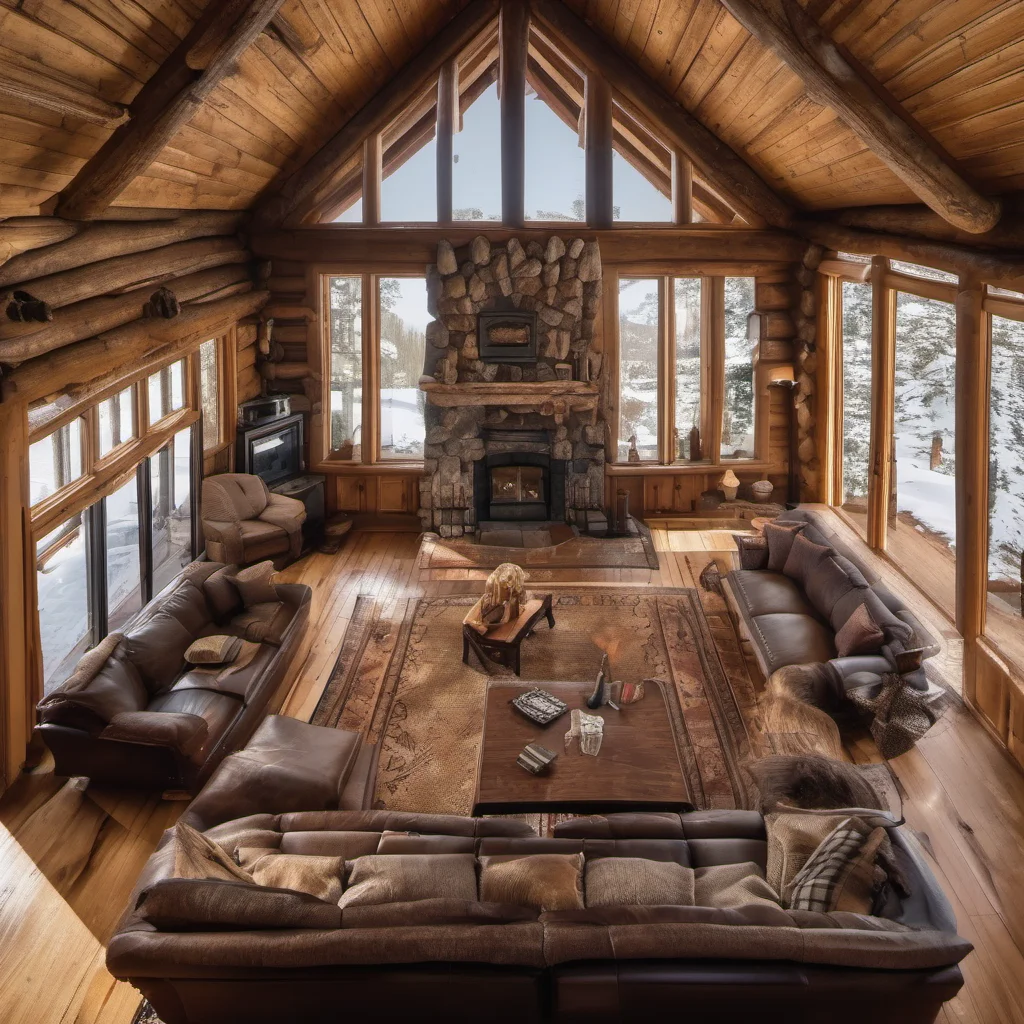 aitop view on the rustic livingroom of a lodge with a fireplace and 4 doors 