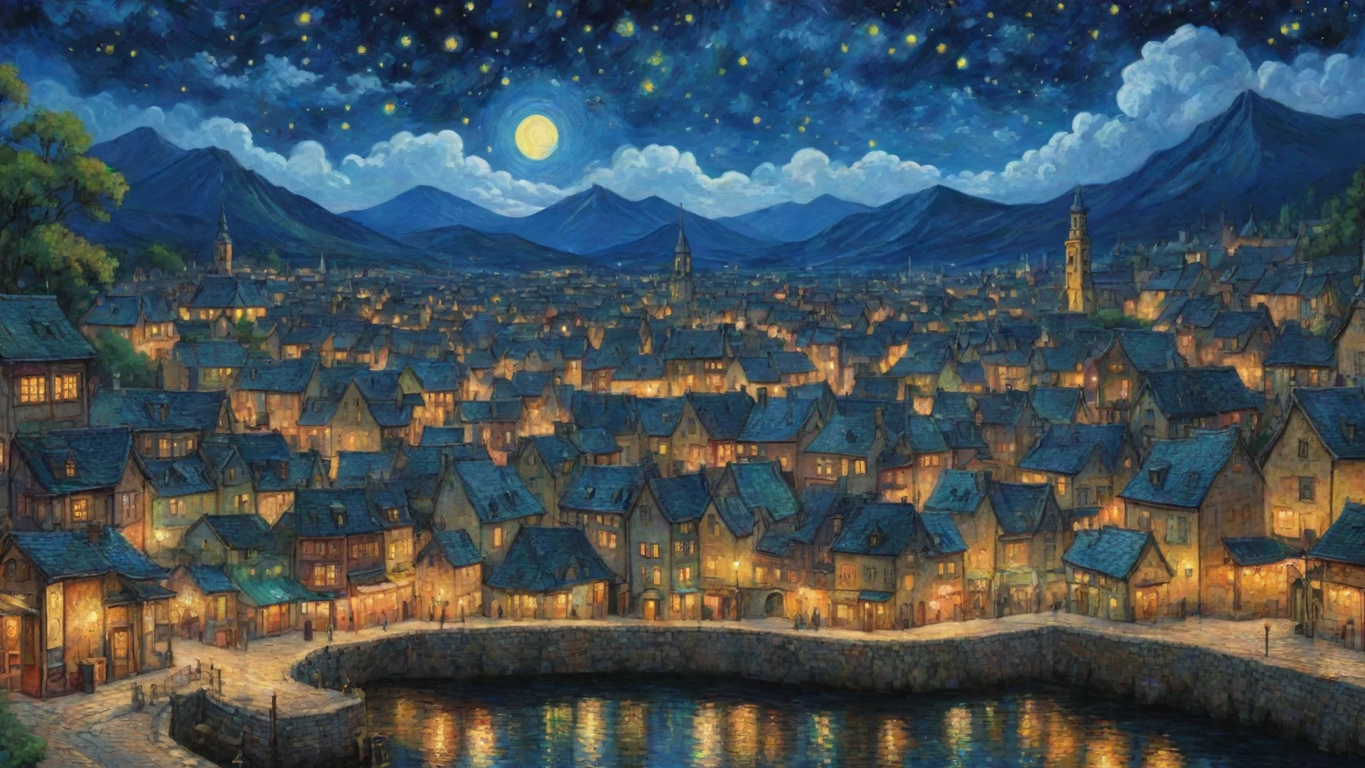 town lit up at night sky epic lovely artistic ghibli van gogh happyness bliss peace  detailed asthetic hd wow wide