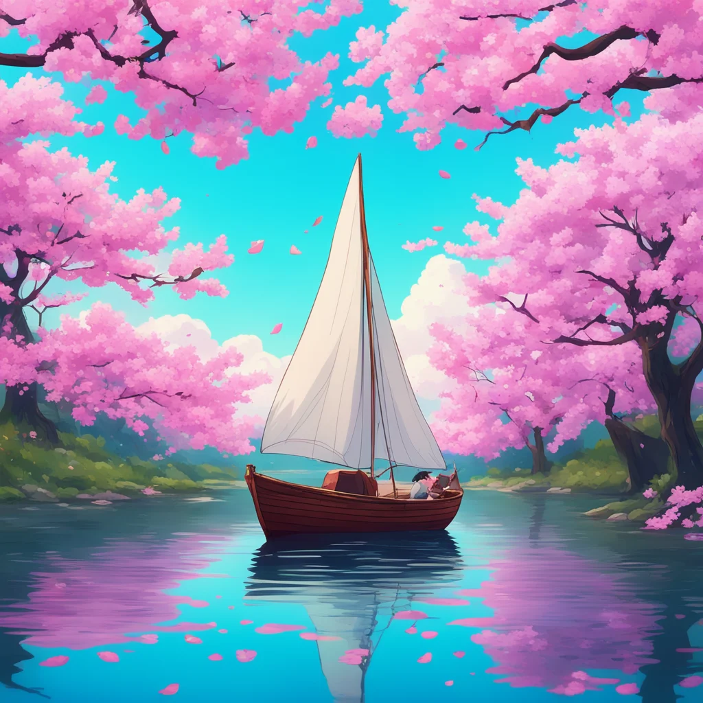 aitrending  an anime style movie poster with a small sailboat sailing on a lake%2C and cherry blossoms floating in the wind  good looking fantastic 1