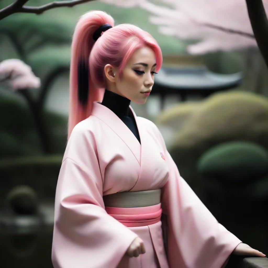 trending  chick with pink hair with a very long ponytail with fringes dressed in a very tight pink kimono in a japanese garden good looking fantastic 1