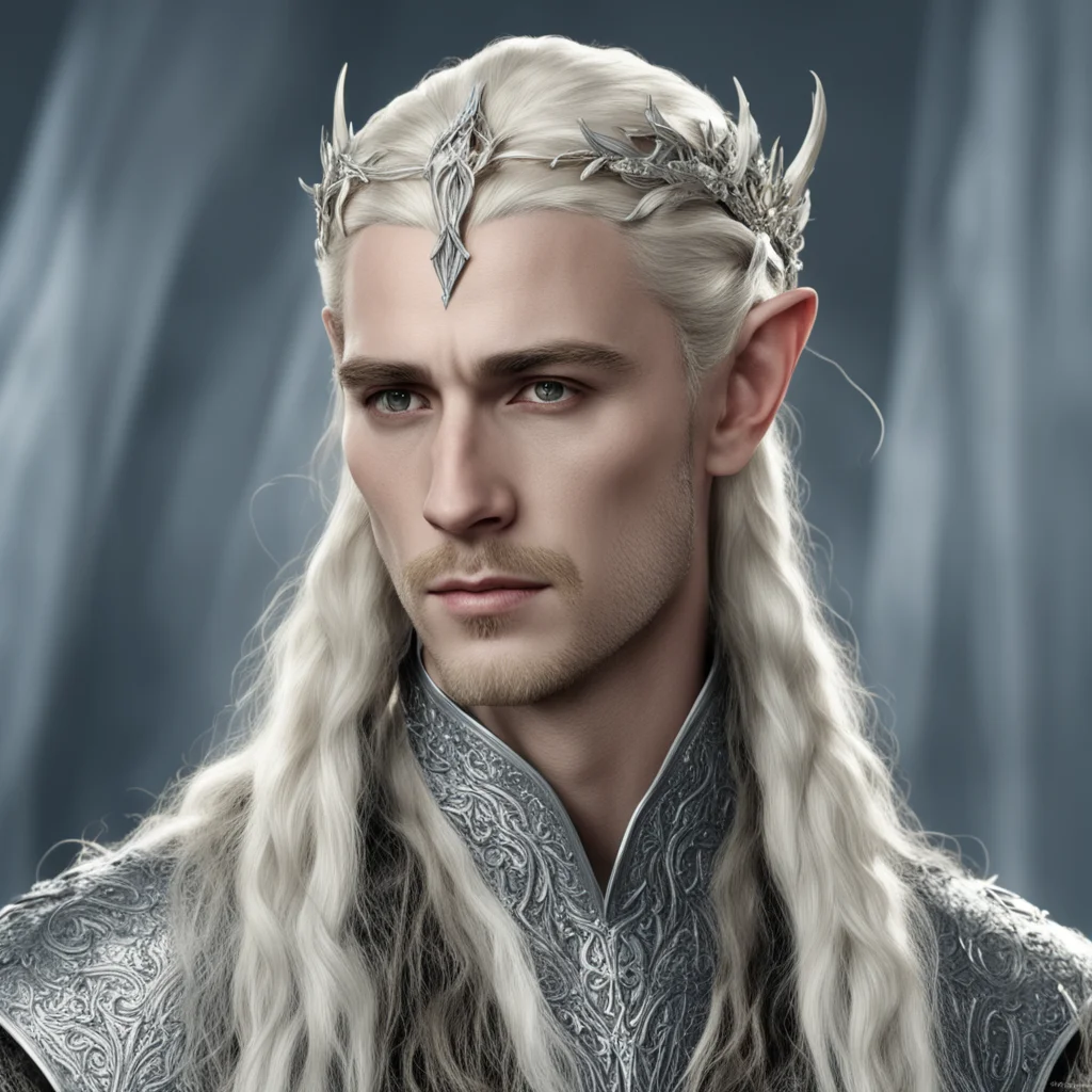 aitrending  king thranduil with blond hair and braids wearing silver flower serpentine sindarin elvish circlet encrusted with diamonds with large center diamond  good looking fantastic 1