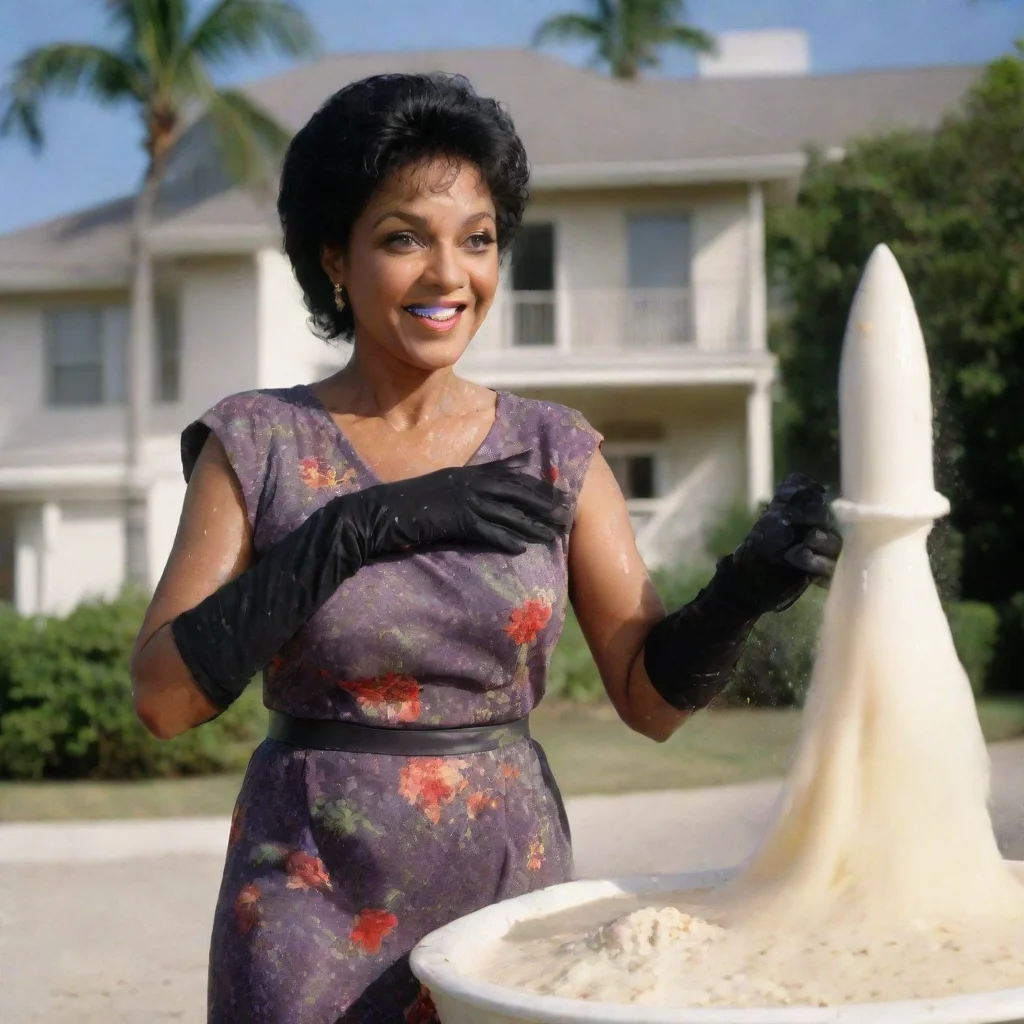 trending  unstoppable phylicia rashad actress as clair huxtable from the cosby show  smiling seriously at a beach house in jamaica with black gloves and powerful rocket launcher and mayonnaise splas