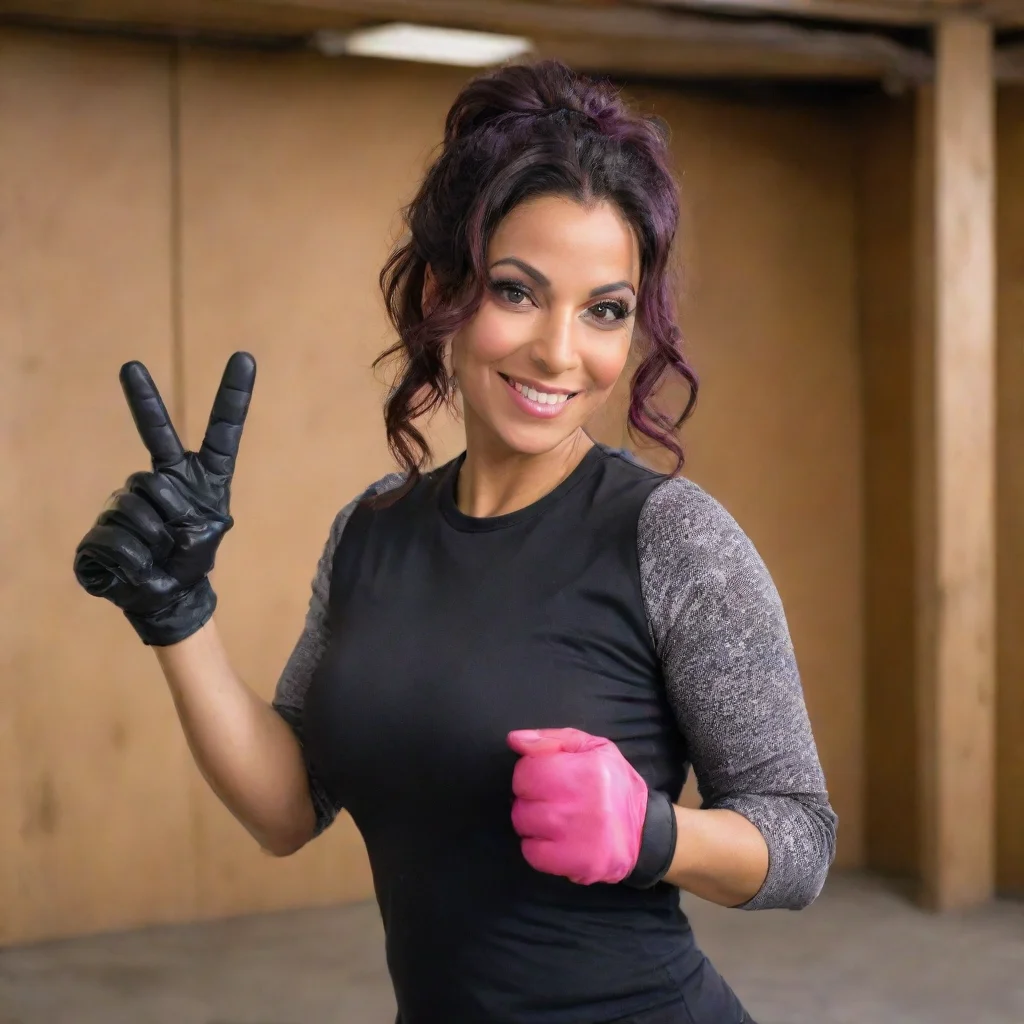 trending 37 year old adult yvette gonzalez nacer actress  as kiki from the fresh beat band smiling with black comfy nitrile gloves and gun at a shooting range  and  mayonnaise splattered everywhere