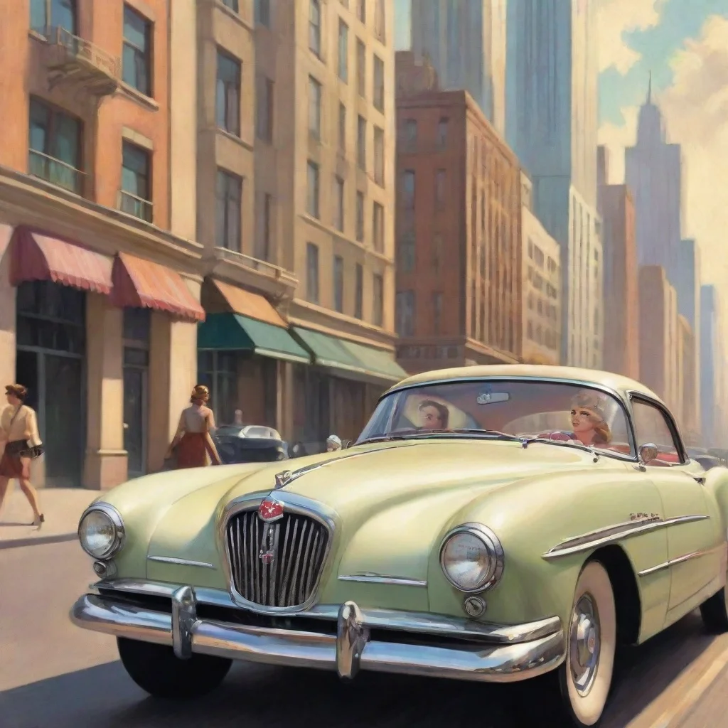 aitrending 50s car woman driver art deco buildings in city streets chase good looking fantastic 1