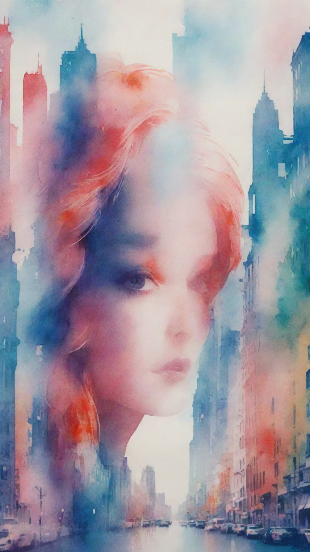 aitrending 8k  uhd  wallpaper  risograph  a cityscape with a woman s face in a watercolor background  in the style of double exposure good looking fantastic 1 tall