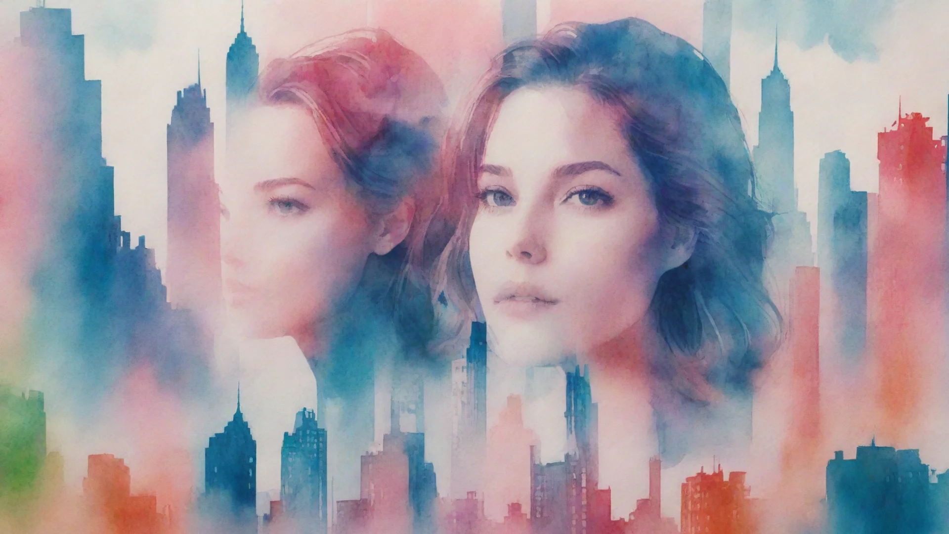 aitrending 8k  uhd  wallpaper  risograph  a cityscape with a woman s face in a watercolor background  in the style of double exposure good looking fantastic 1 wide