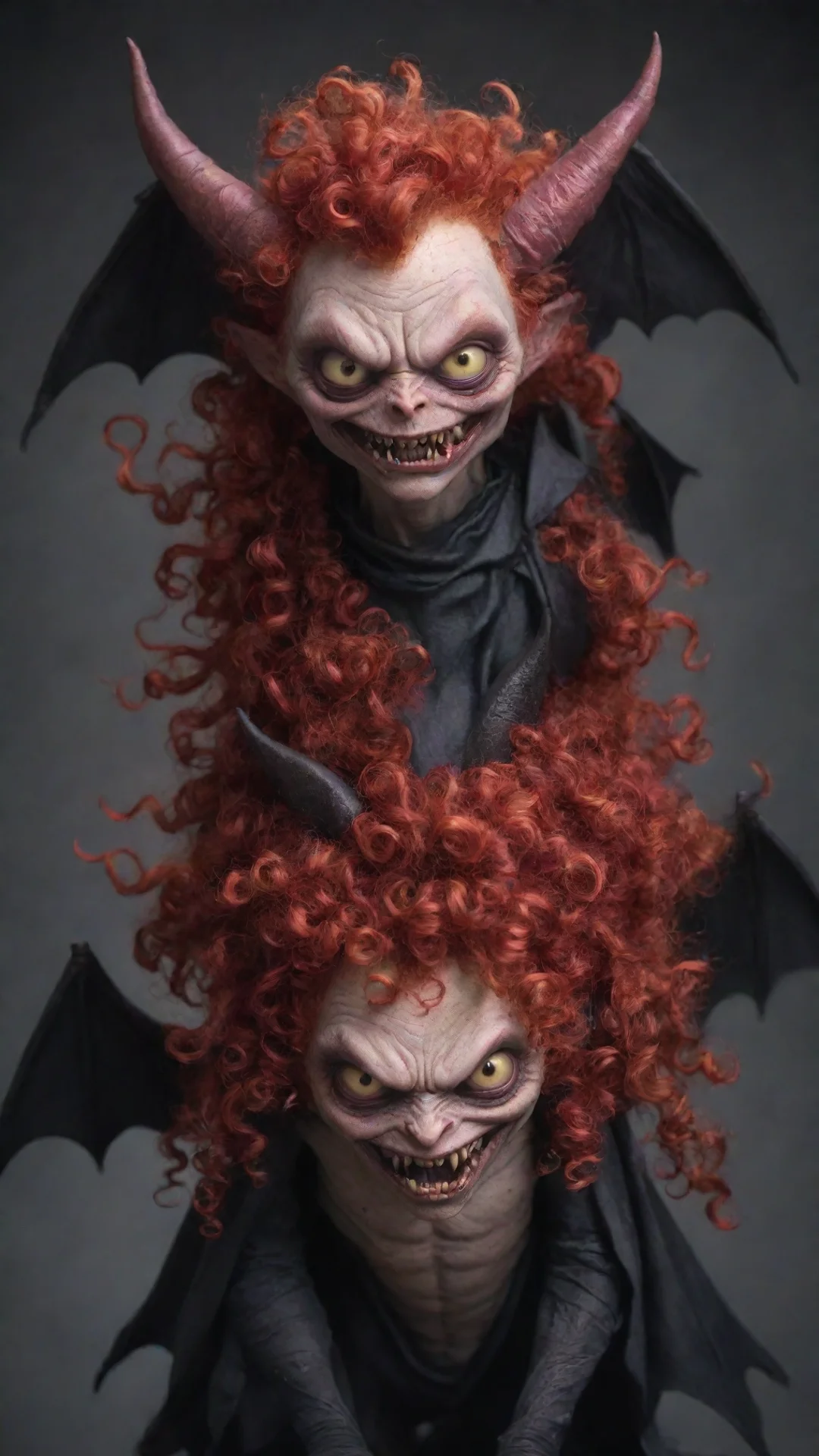 trending a bat demon with red curly hair. good looking fantastic 1 tall