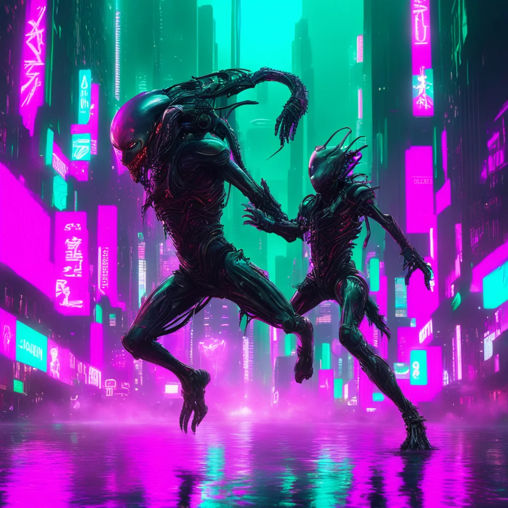 aitrending a battle scarred xenomorph air kick his opponent through a neon drenched cyberpunk cityscape%2C its reflective surface capturing the rippled chaos around it good looking fantastic 1